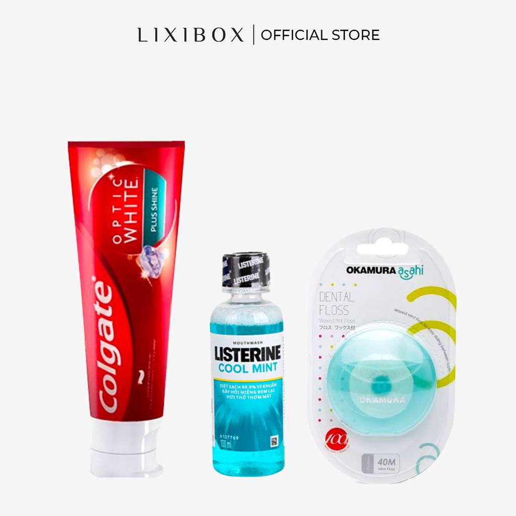 [HB Gift] Combo Kem Đánh Răng Colgate Optic White Plus, Nước súc miệng Listerine 100ml Cool Mint, Chỉ Nha Khoa OKAM