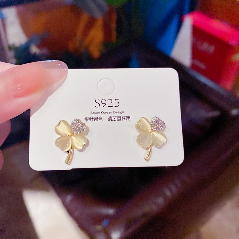 Bông tai bạc 925 hình cánh hoa đính đá Opal phong cách Hàn Quốc thời trang cho nữ