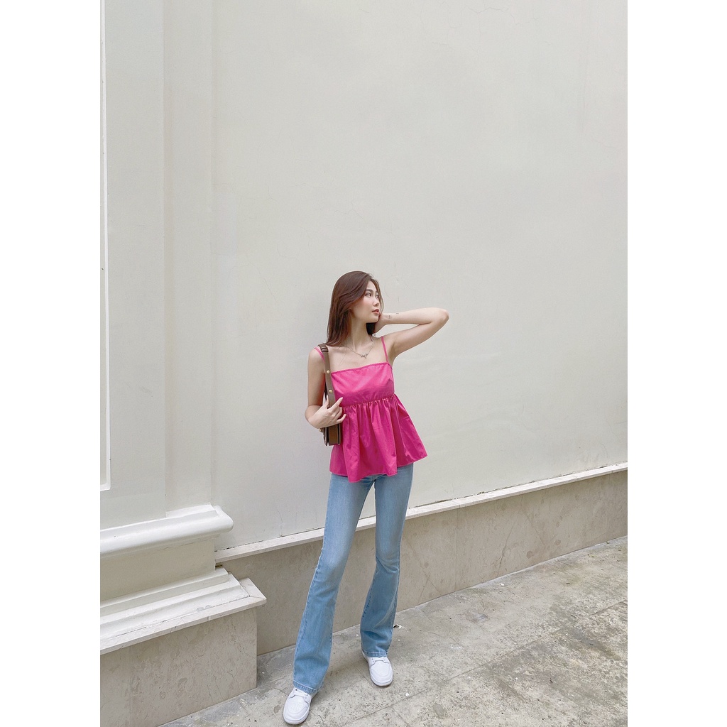 Quần jeans ống loe lưng cao CHICMONKI co giãn màu xanh nhạt - CMJ1105