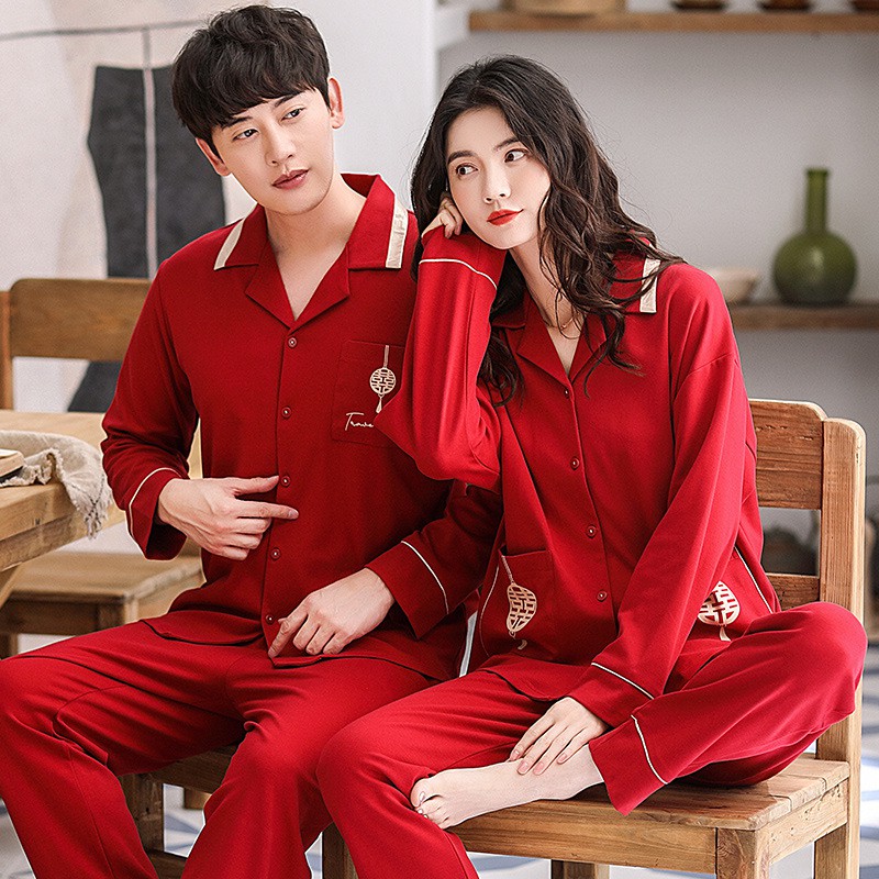 Bộ Đồ Ngủ Cotton Tay Dài Màu Đỏ Phong Cách Hàn Quốc Dành Cho Cặp Đôi