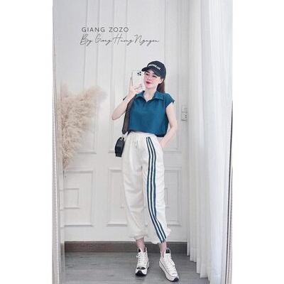 Sét bộ croptop cổ bẻ áo vát quần sọc trắng