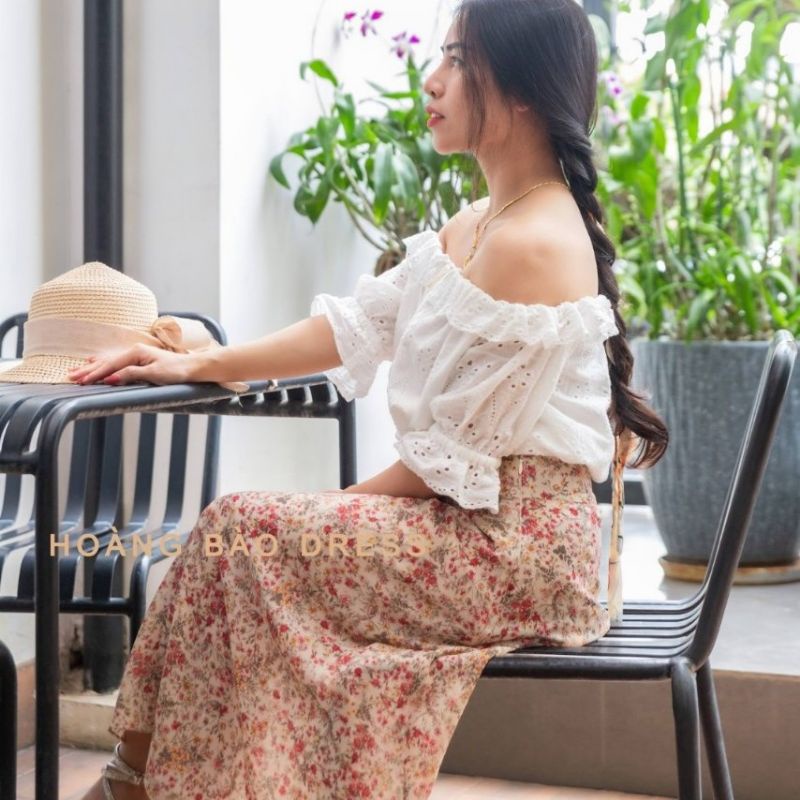 Chân váy dài hoa nhí  dáng chữ A, cạp khoá ôm khít