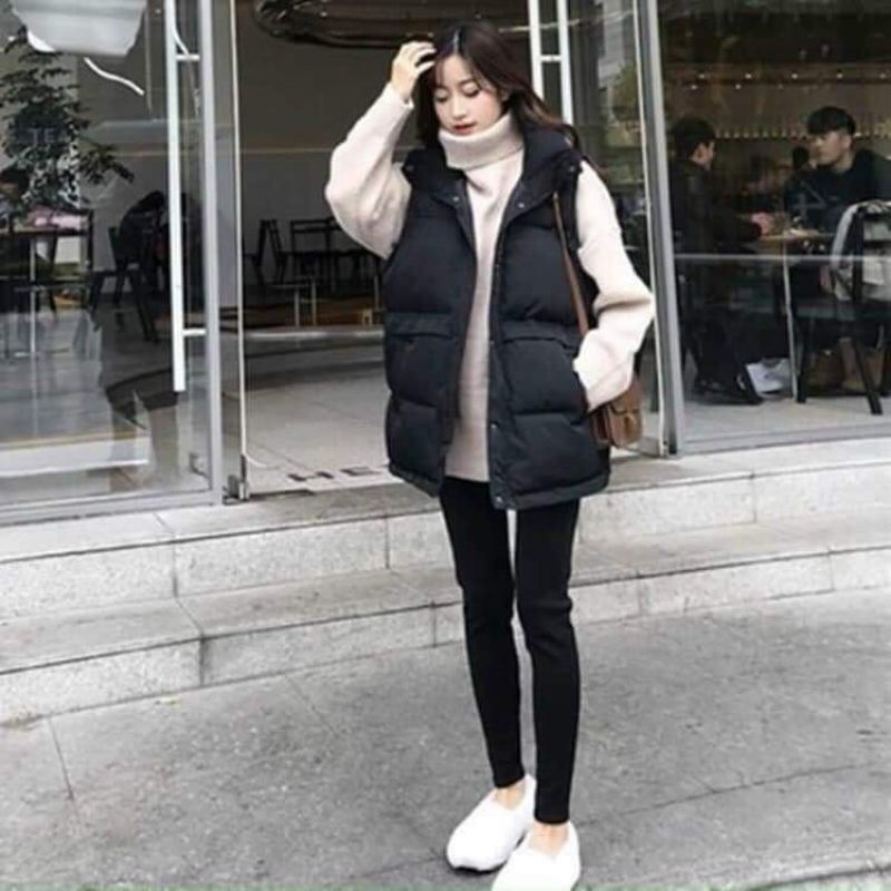 Áo gile phao ấm áp màu đen be cúc cài cổ bẻhàng quảng châu Phao nhẹ .Phao ulazzang . đen Be sữa