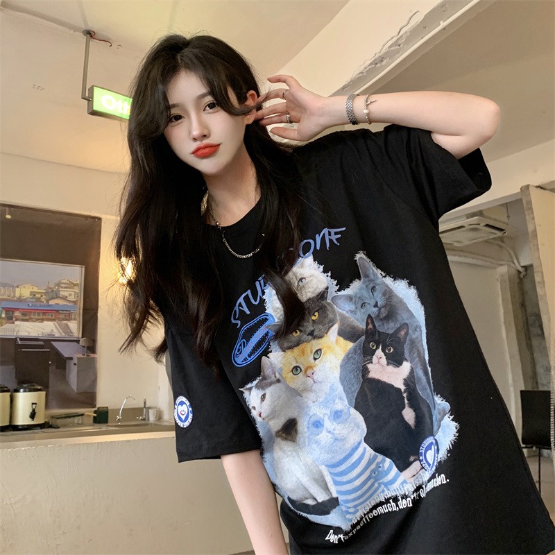 Áo Thun T-shirt Cotton Mềm Co Giãn Tay Ngắn In Hình Mèo Thời Trang Hàn Quốc Cổ Điển Dành Cho Nam Nữ