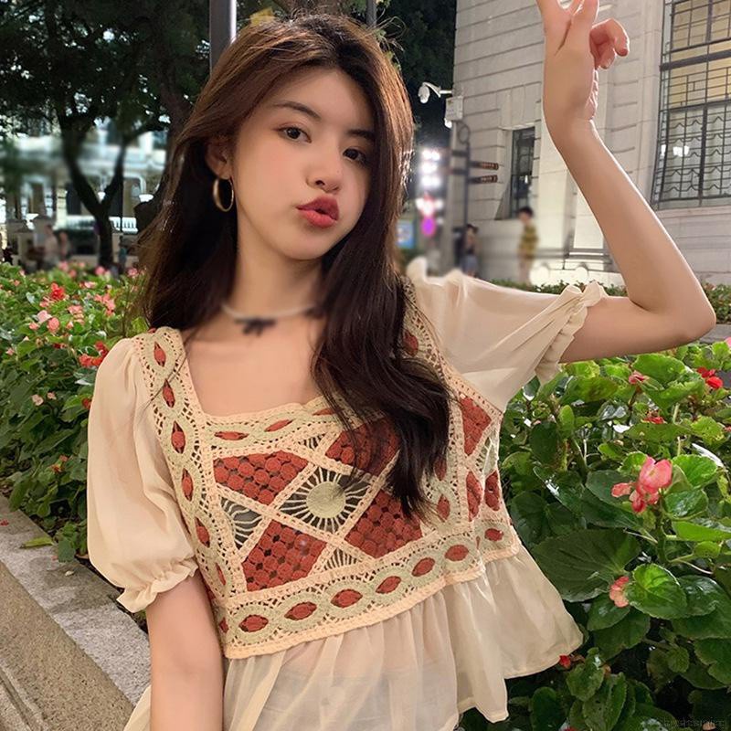 Áo kiểu tay phồng ngắn thêu họa tiết khoét lỗ phong cách vintage xinh xắn cho nữ