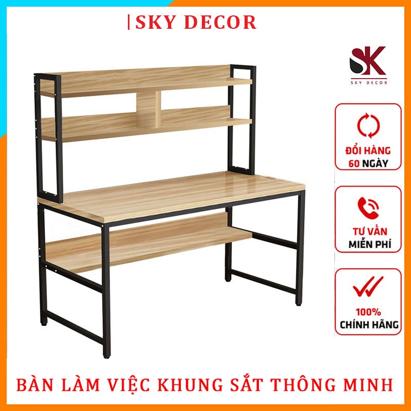 Bàn làm việc khung sắt kèm giá sách trên mặt bàn dễ dàng lắp ráp, khung sắt sơn tĩnh điện chắc chắn, mặt bàn dày 17m