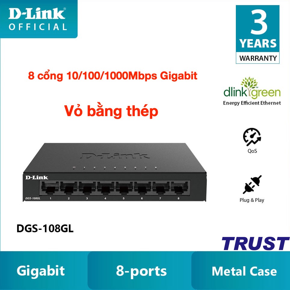 Gigabit Vỏ thép- Bộ chia mạng Switch 8 cổng RJ45 10/100/1000 Mbps-D-LINK DGS-108GL - Hàng Chính Hãng