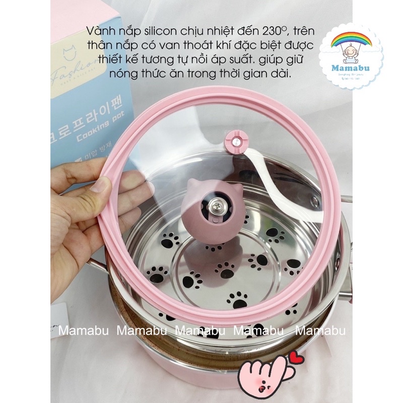 Bộ Nồi Kèm Xửng Hấp Cho Bé Ăn Dặm Hình Mèo Fashion Baby Cat Chống Dính Cao Cấp Dùng Được Mọi Loại Bếp Mamabu