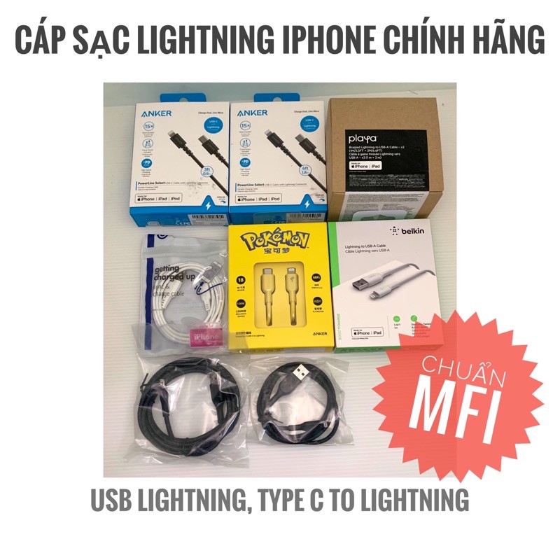 Cáp Sạc Nhanh PD Type C to Lightning, Usb to Lightning Chính Hãng [Anker,Belkin...