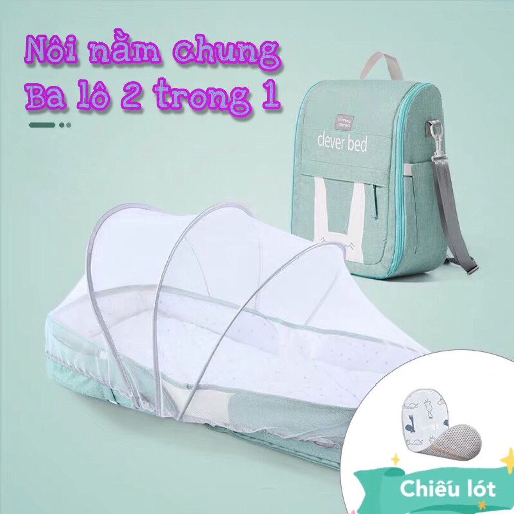 Nôi giường nằm chung cho bé đa năng gấp gọn thành ba lô đi chơi du lịch tiện lợi kèm màn chiếu lót mùa hè