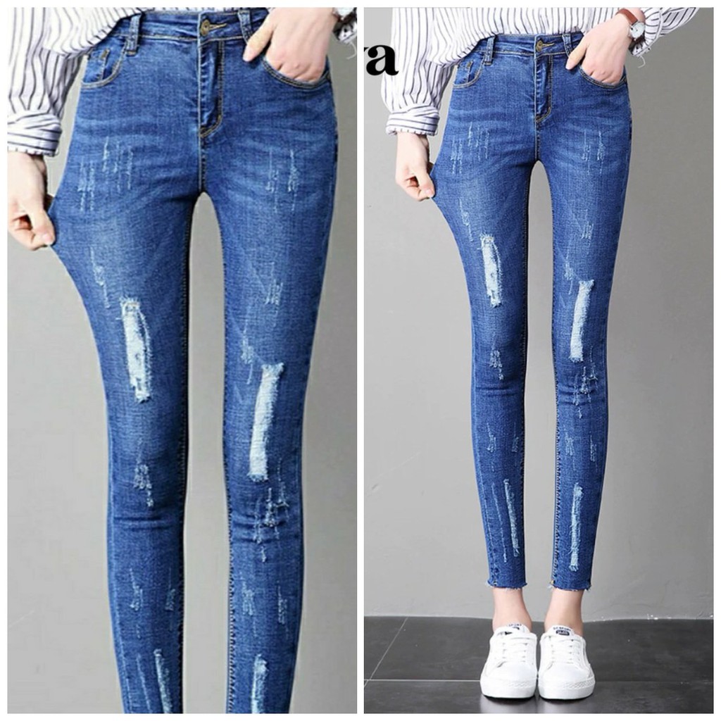 Quần Jeans 9 Tấc Xước Rách Co Giãn-Jeans Nữ Lưng Cao