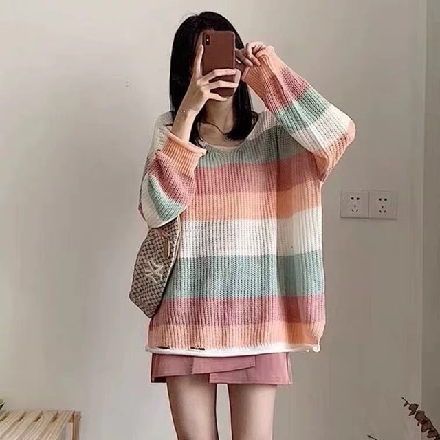 Set áo len kẻ ngang chân váy da ullzang có tách set