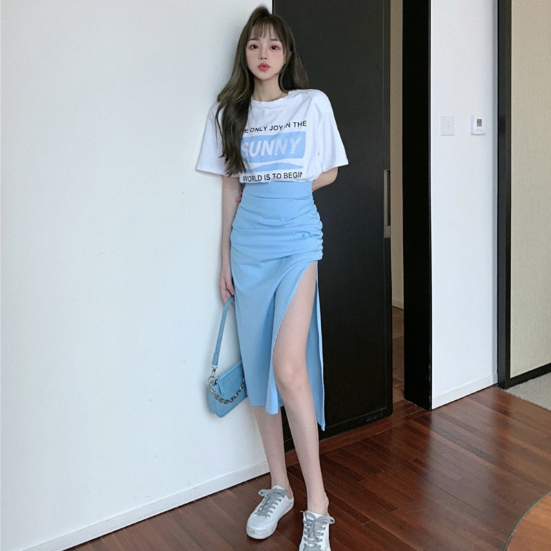 Bộ Áo Thun Ngắn Tay In Họa Tiết + Chân Váy Lưng Cao Xẻ Tà Xinh Xắn Dành Cho Nữ | BigBuy360 - bigbuy360.vn