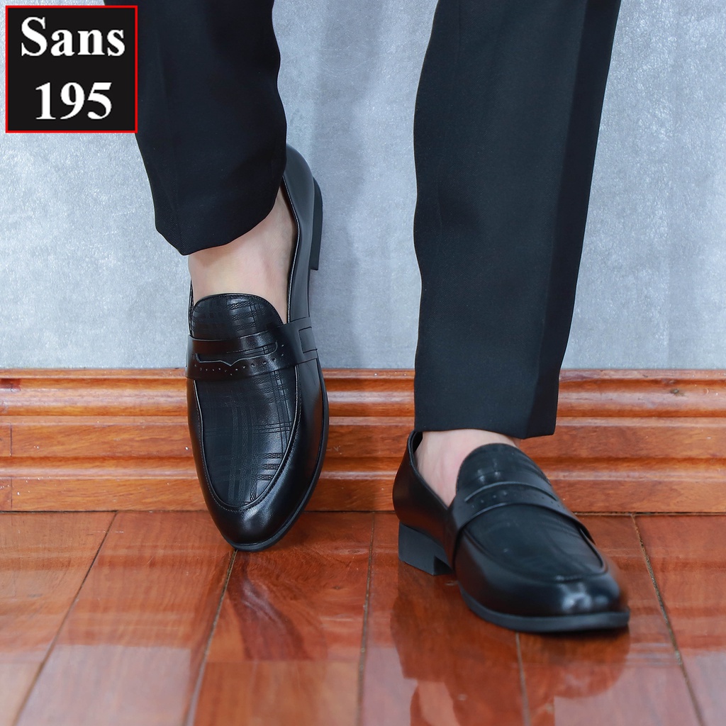 Giày lười nam da bò thật Sans195 moca công sở hoạ tiết giầy penny loafer đẹp cao cấp mũi tròn dầy mọi đen thời trang