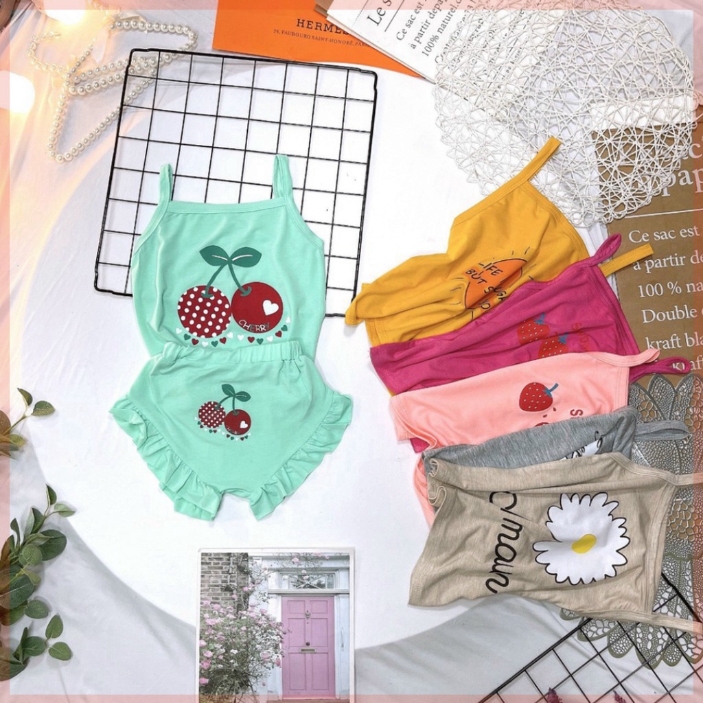 BỘ 2 DÂY BÉ GÁI VẢI COTTON IN HÌNH HOA QUẢ SUWBARRY SIÊU ĐÁNG YÊU