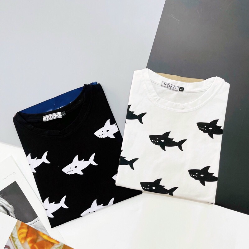 Áo Thun Cổ Tròn Nam in hình con cá Ngắn Tay Cổ Bẻ Chất Cotton Cao Cấp Thoáng Mát