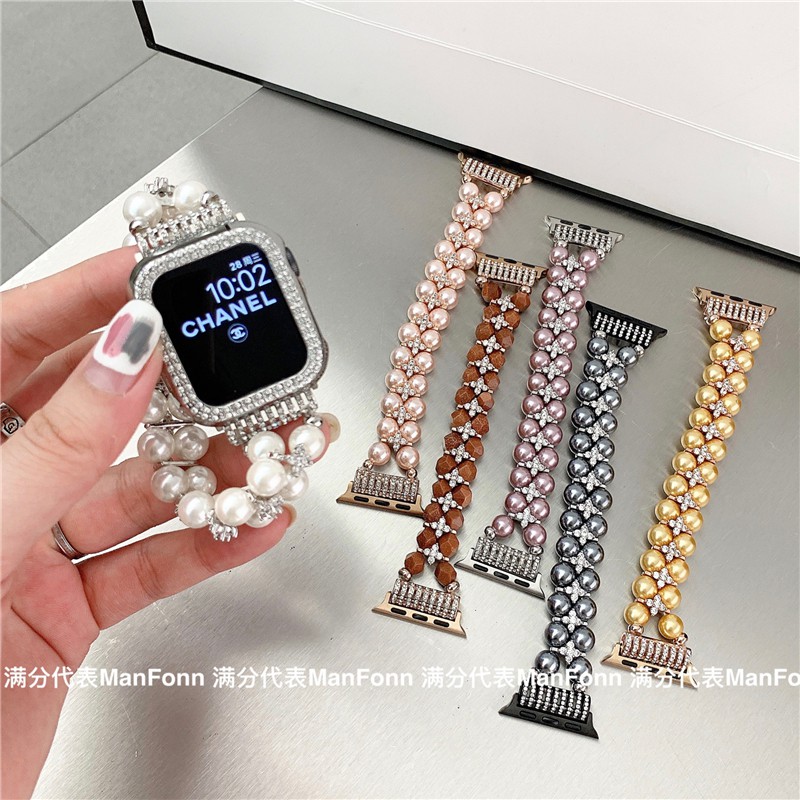 Dây Đeo Đồng Hồ Bằng Thép Không Gỉ Đính Ngọc Trai Giả Cho Apple iWatch 41mm 45mm 40mm 44mm 38mm 42mm series 7 6 5 4 3 2 1