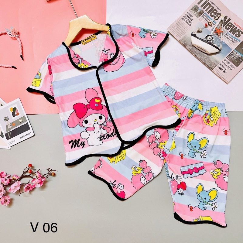 Đồ bộ pijama lửng bé gái thun lạnh 3D co giãn 4 chiều mềm mát mặc nhà mặc ngủ in hình dễ thương 22-47kg