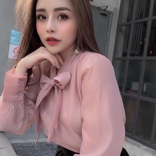 Áo Sơ mi Voan Tay dài Cổ kèm Nơ Siêu Xinh