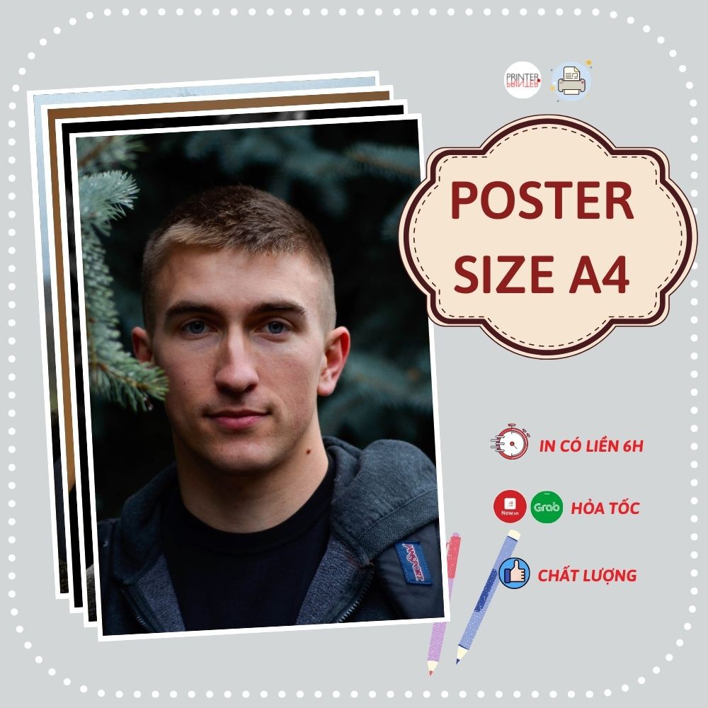 in 1 tờ A4, chất giấy ảnh C300, không cán màng. In có liền