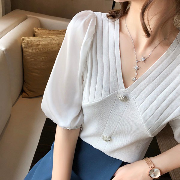 Áo Sơ Mi Dệt Kim Tay Ngắn Cổ Chữ V Thiết Kế Thời Trang Mùa Hè Mới Cho Nữ