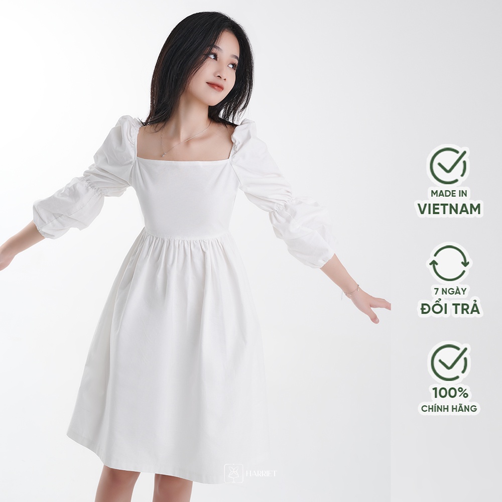 Váy Dạo Phố HARRIET DAISY Trắng Tay Bồng, Hở Lưng Thắt Nơ Nữ Tính