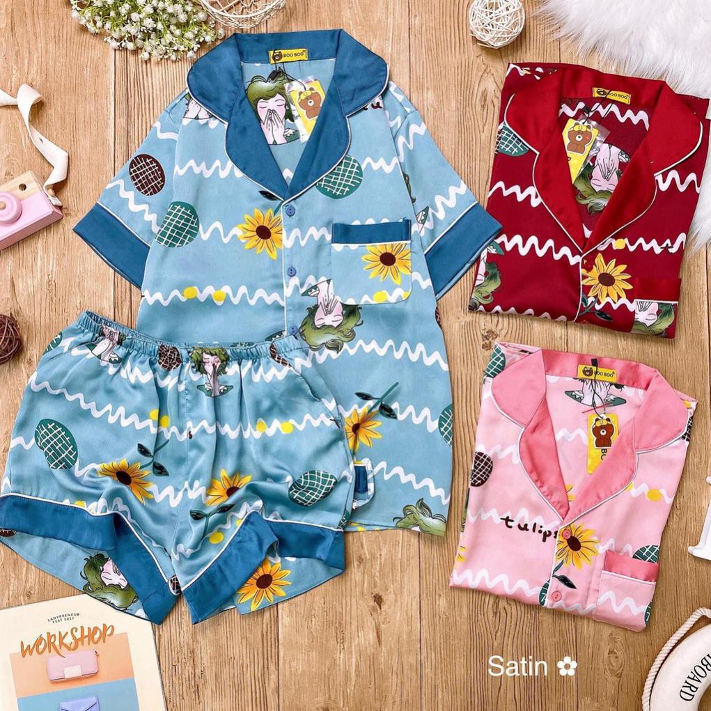 Đồ ngủ, Đồ bộ pijama Lụa gấm cao cấp tay ngắn, quần đùi chất đẹp mềm mát.