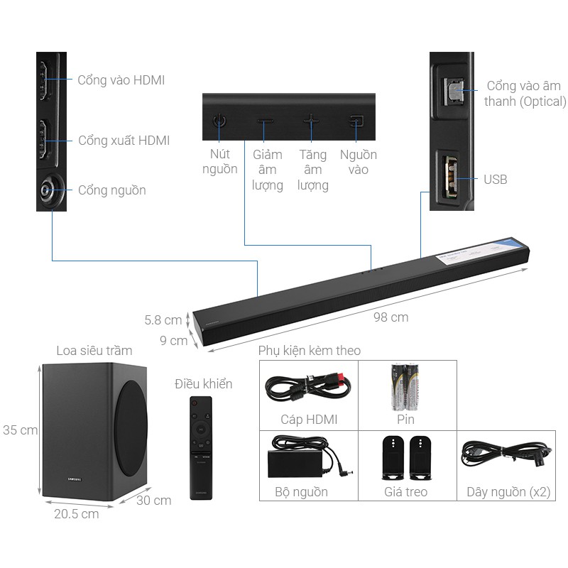 Loa Thanh Soundbar Samsung HW-T650/XV - 3.1 Kênh, công suất:340 W, Có cổng USB,Có kèm remote, Bluetooth 2.0