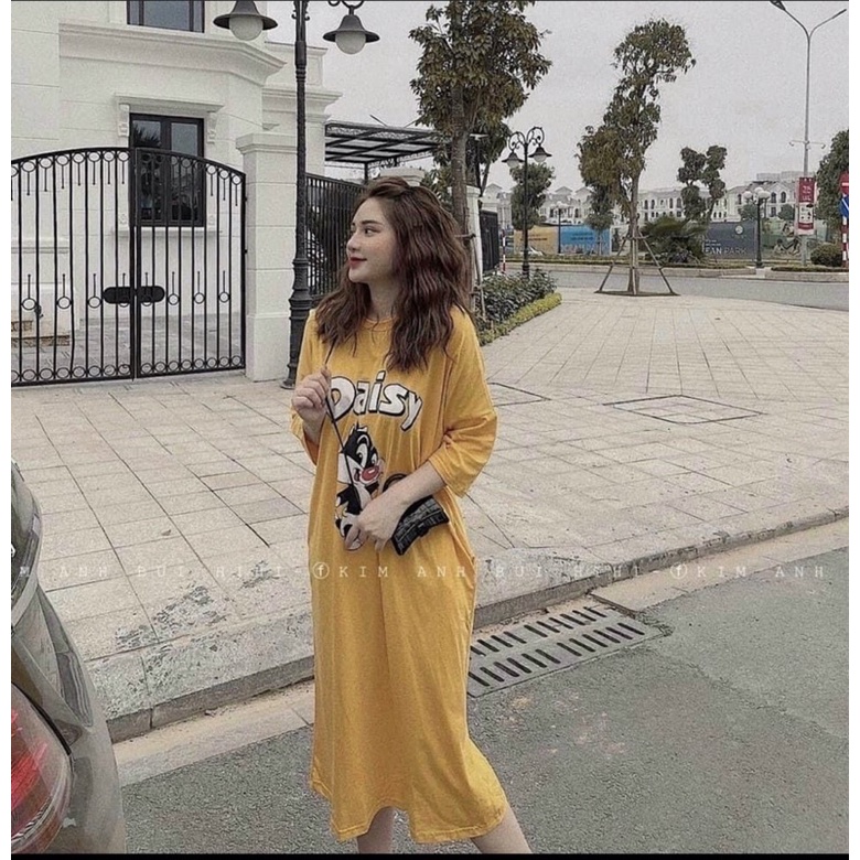 Đầm suông đầm babydoll in hình tay lỡ dễ thương bầu bì bon chen thoải mái,dài qua gối,chất liệu mềm mịn thoải mái