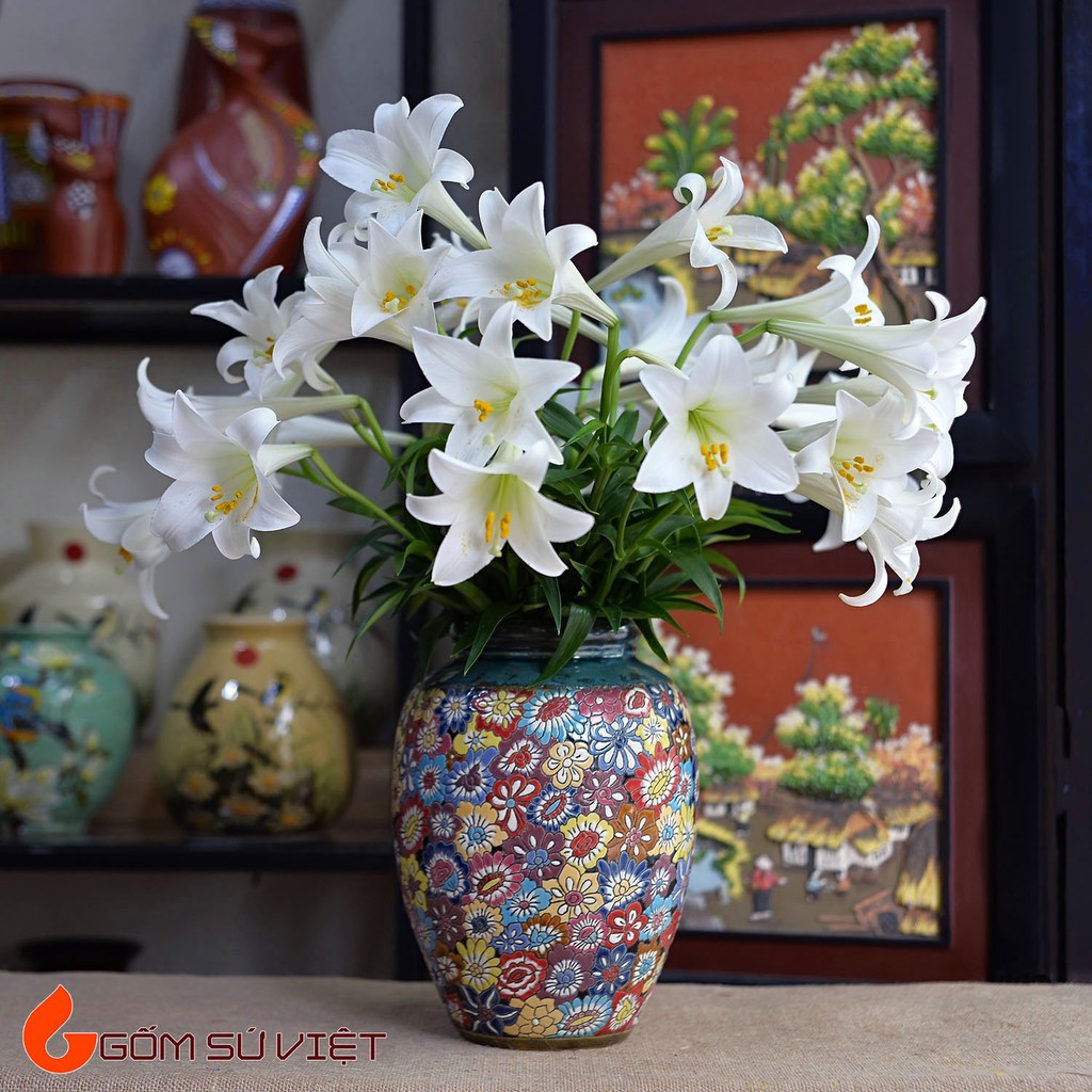 Bình hoa gốm khắc họa tiết bách hoa gốm Biên Hòa