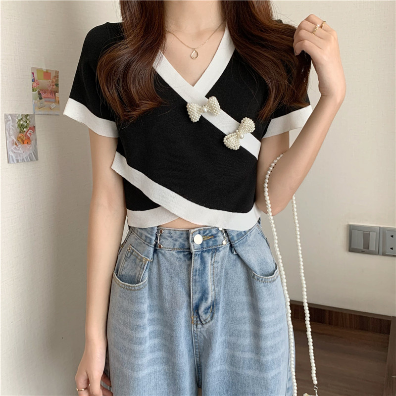 Áo dệt kim cổ chữ V phối nơ màu sắc tương phản thời trang mùa hè phong cách Hàn Quốc