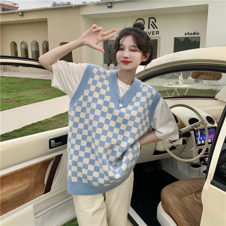 Áo sweater không tay cổ chữ v dáng rộng họa tiết caro phong cách Hàn Quốc cho nữ | BigBuy360 - bigbuy360.vn