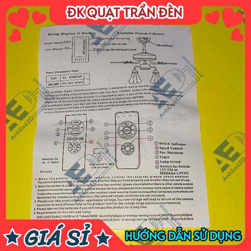 [LOẠI TỐT] ĐIỀU KHIỂN QUẠT TRẦN ĐÈN TỪ XA TỐT RF FAN LAMP REMOTE CONTROLLER