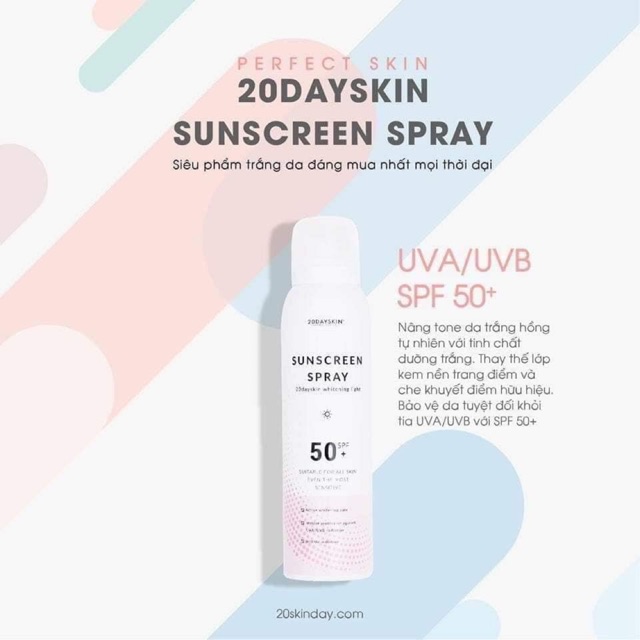 xịt chống nắng dưỡng trắng 20day skin