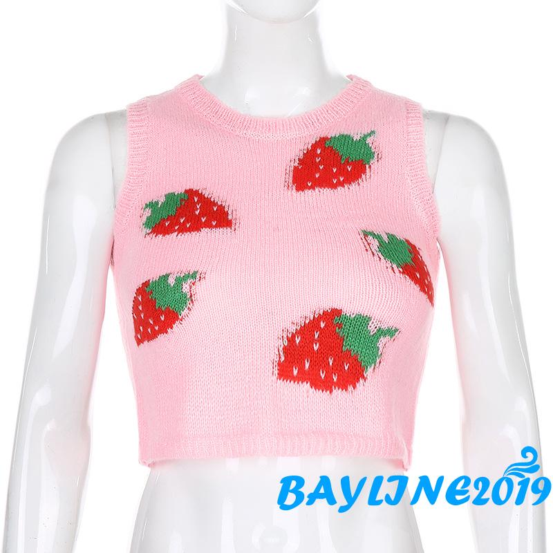 Áo Croptop Không Tay In Hình Quả Dâu Dễ Thương Cho Nữ