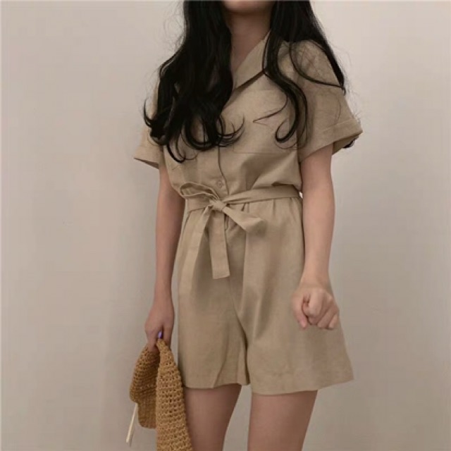 Bộ jumpsuit kaki cài cúc nơ eo | BigBuy360 - bigbuy360.vn