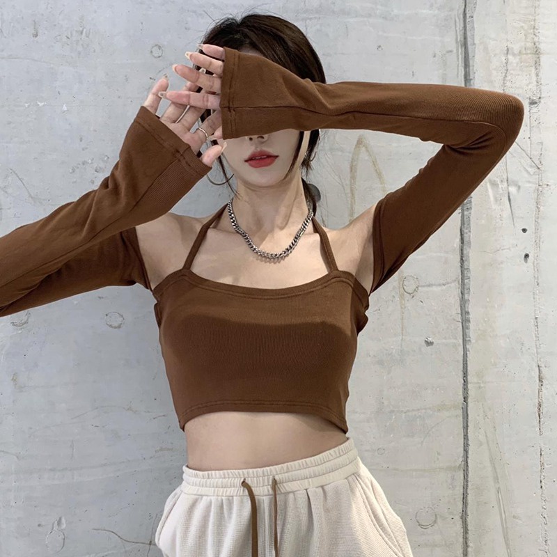 Set Áo Croptop Món Áo Lót +  Không Tay Màu Sắc Đơn Giản Trẻ Trung Áo Thun Dài Tay