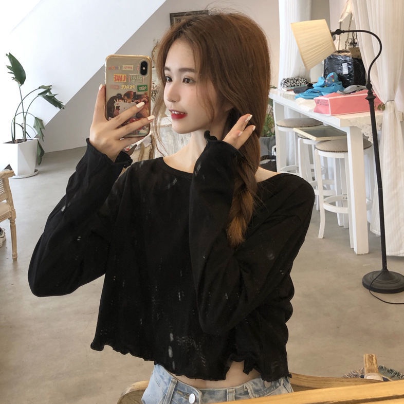 Jiashucheng Áo Thun Ngắn Tay Dài Dáng Rộng Viền Ren Hoa Sen Phong Cách Hàn Quốc Thời Trang Cho Nữ