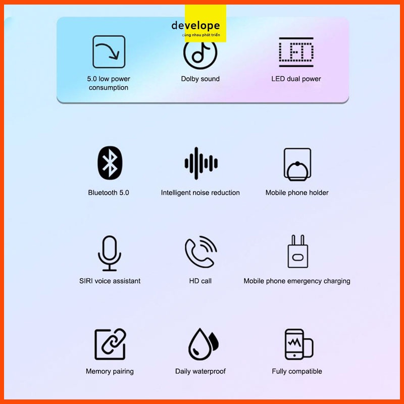 Tai nghe BLUETOOTH 5.0 (Kết nối không dây) - Chống nước - Chống ồn - Tự động kết nối - Tích hợp míc - Âm thanh HD8.0-Đen