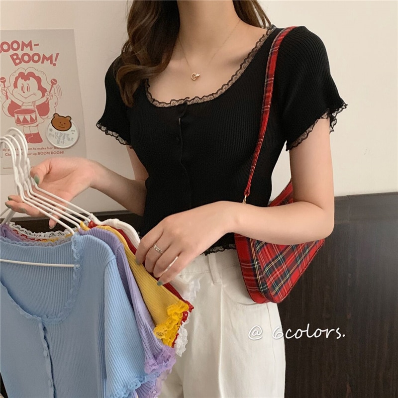 Áo Croptop Dệt Kim Tay Ngắn Phối Ren Hoa Thiết Kế Thanh Lịch