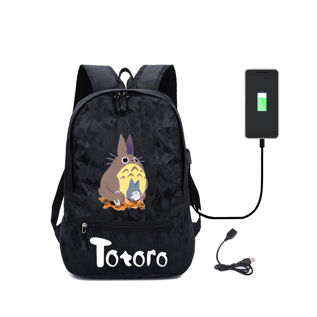 Ba Lô Du Lịch Vải Canvas Hình Totoro Xinh Xắn Có Cổng Sạc Usb Tiện Lợi