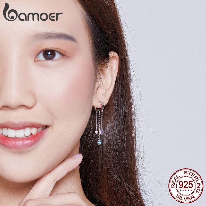 Khuyên tai Bamoer dáng dài tua rua hình đám mây đính đá zircon thời trang Hàn Quốc