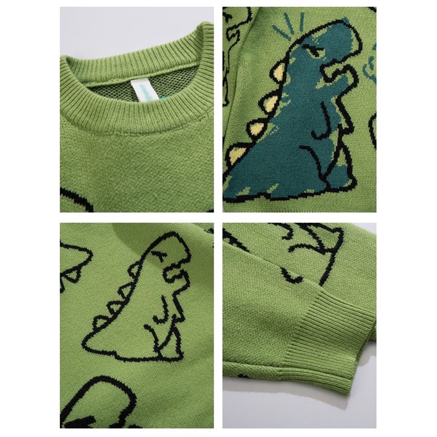 Áo sweater Dệt Kim Cổ Tròn Họa Tiết Khủng Long Hoạt Hình Phong Cách harajuku hip hop Cho Nam