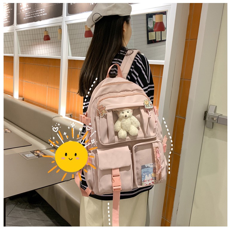 Balo MLINA chất vải canvas chống thấm phối nhựa trong tặng móc khóa gấu bông