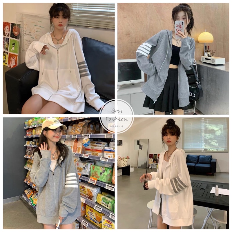 Áo Khoác Cardigan Hoodie Khoá Kéo Mũ Xám Đen Sọc Ngang