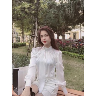 ANU101 - ÁO SƠ MI NỮ LỤA TRẮNG CỔ XẾP CÀI NƠ