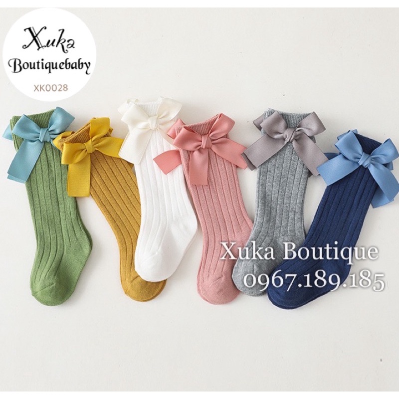 Tất Đùi Gắn Nơ Cho Bé - Xuka Boutique - Tất Đùi Gân Màu Hồng Bé Gái