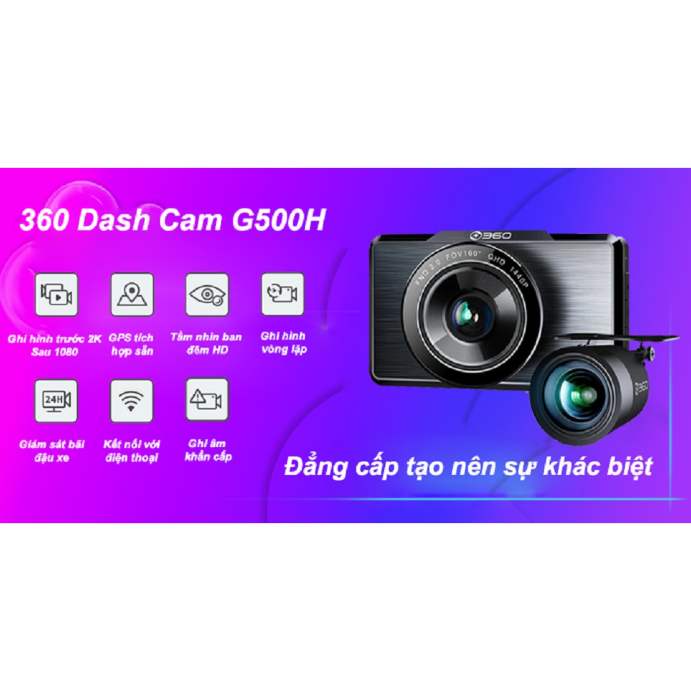 Camera hành trình Qihoo 360 G500H GPS Hiện tốc độ 2K (2560x1440p) Bản quốc tế - Bảo hành chính hãng