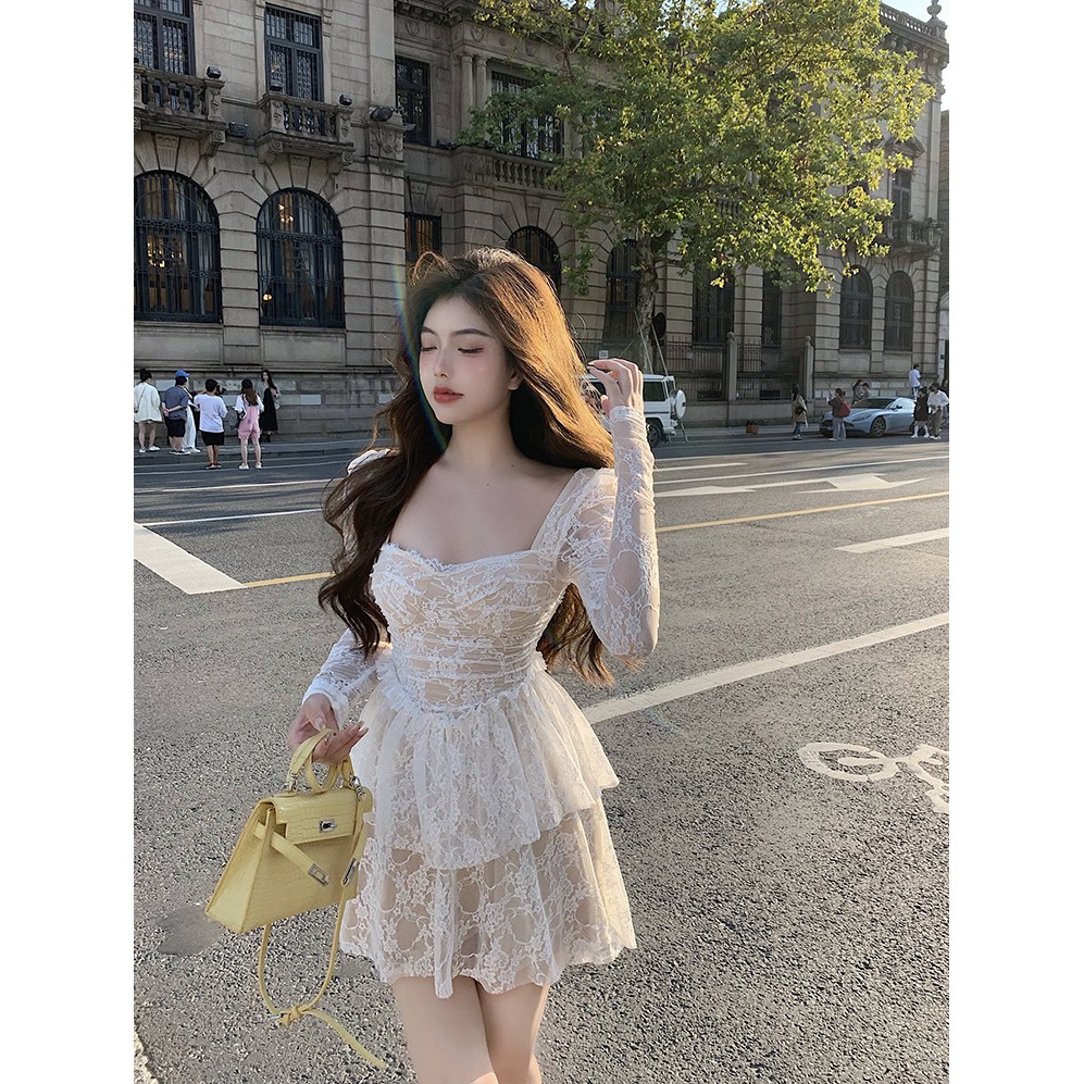 [𝐅𝐑𝐄𝐄𝐒𝐇𝐈𝐏]Đầm ren dài tay cổ vuông hàng Quảng Châu cao cấp kiểu Pháp nữ xuân thu 2021 eo thon dáng dài