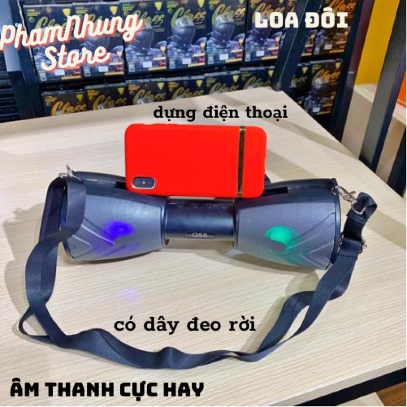 Loa Đôi Bluetooth kèm dây đeo dựng điện thoại Q55 cực hay chất lượng